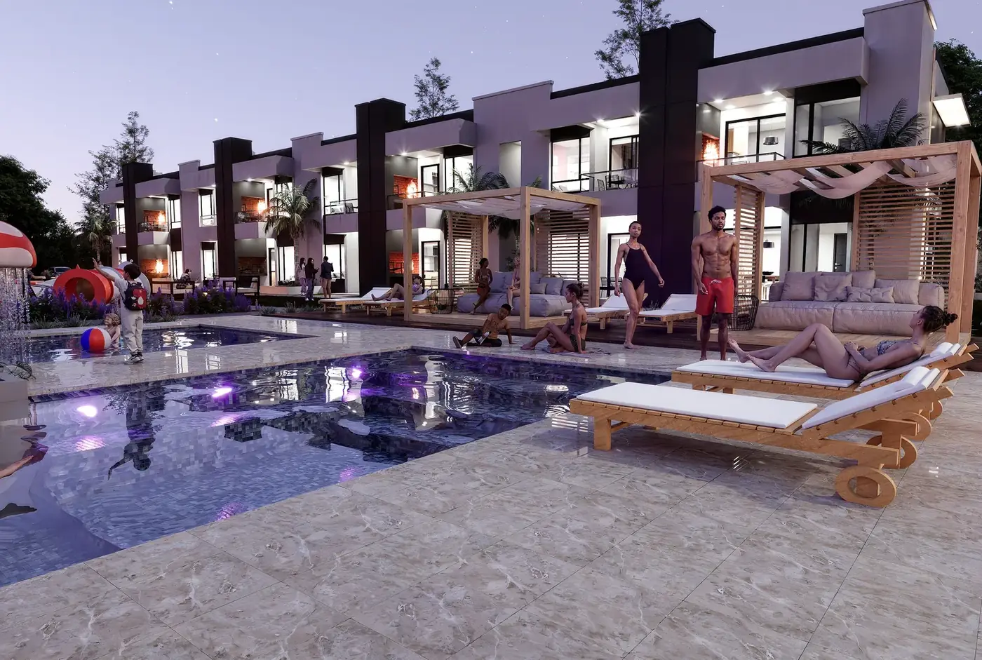 Bella Terme — solárium y piscina al atardecer, departamentos en venta Termas Chajarí