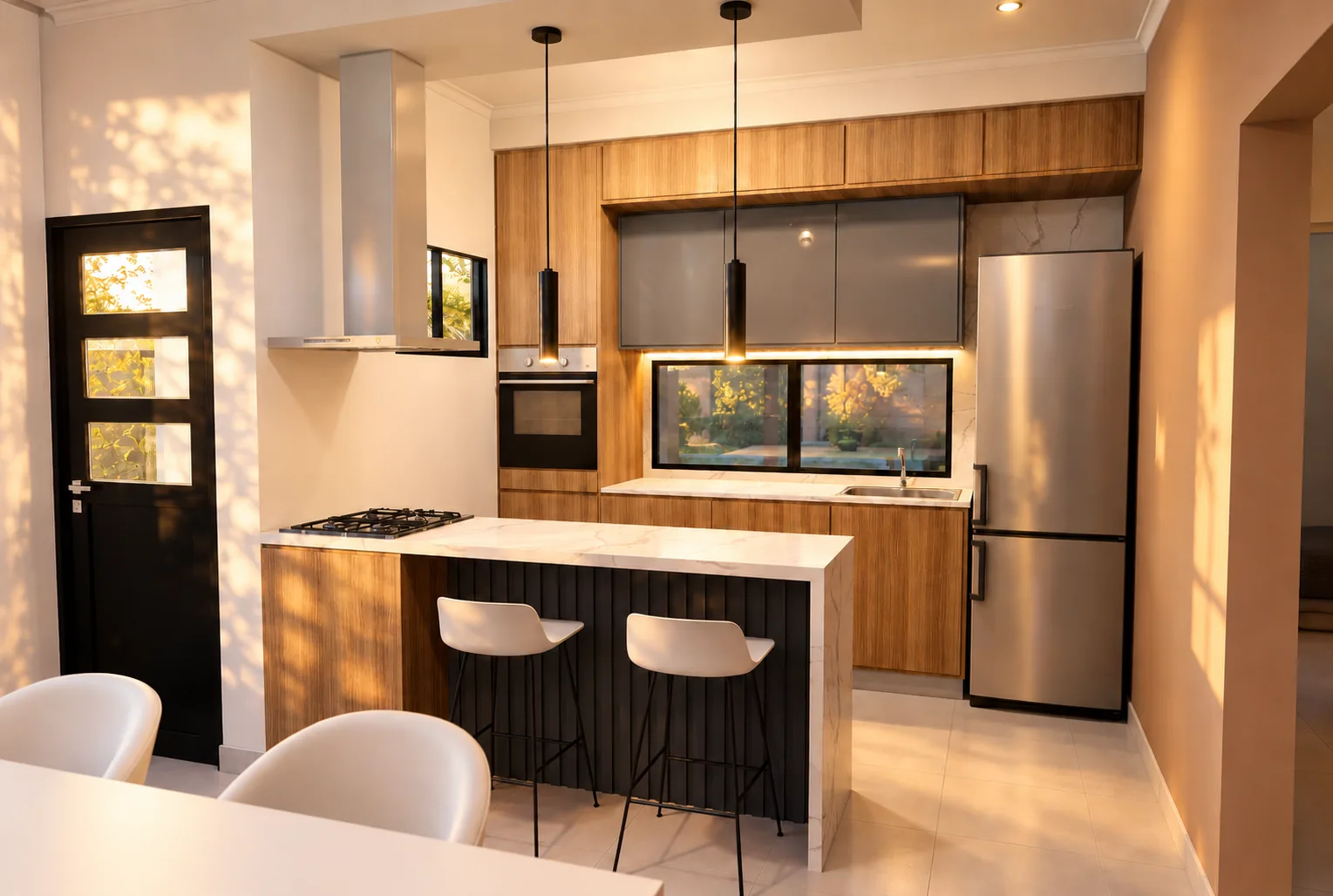 Cocina con barra y banquetas de la Casa Medio