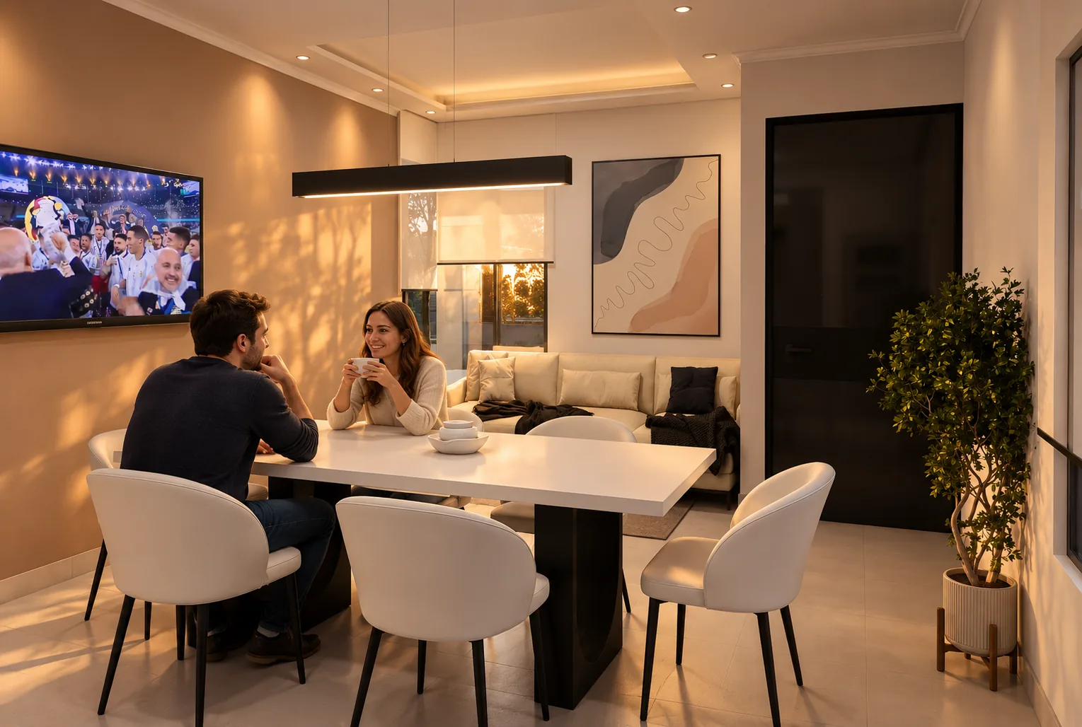 Pareja en el comedor de la Casa Medio con vista al living