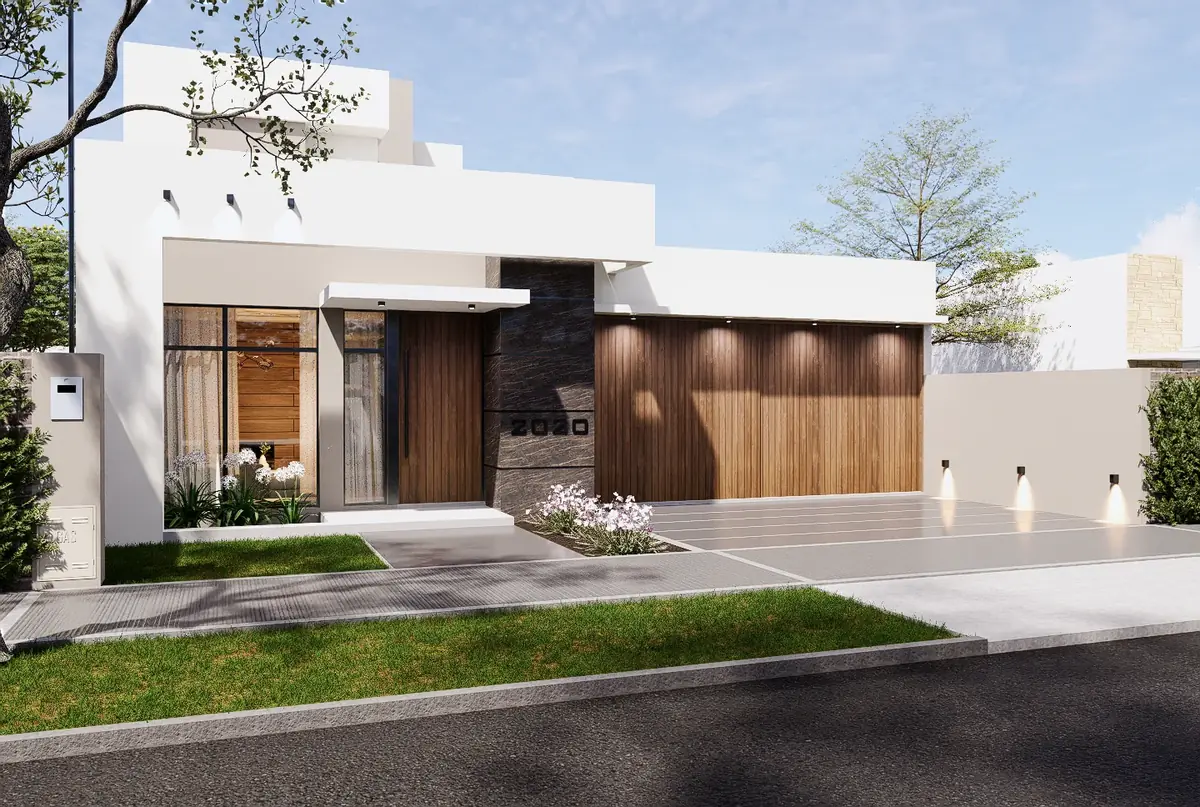 PRAGA — fachada de la casa premium en Chajarí, con portón de madera y cochera