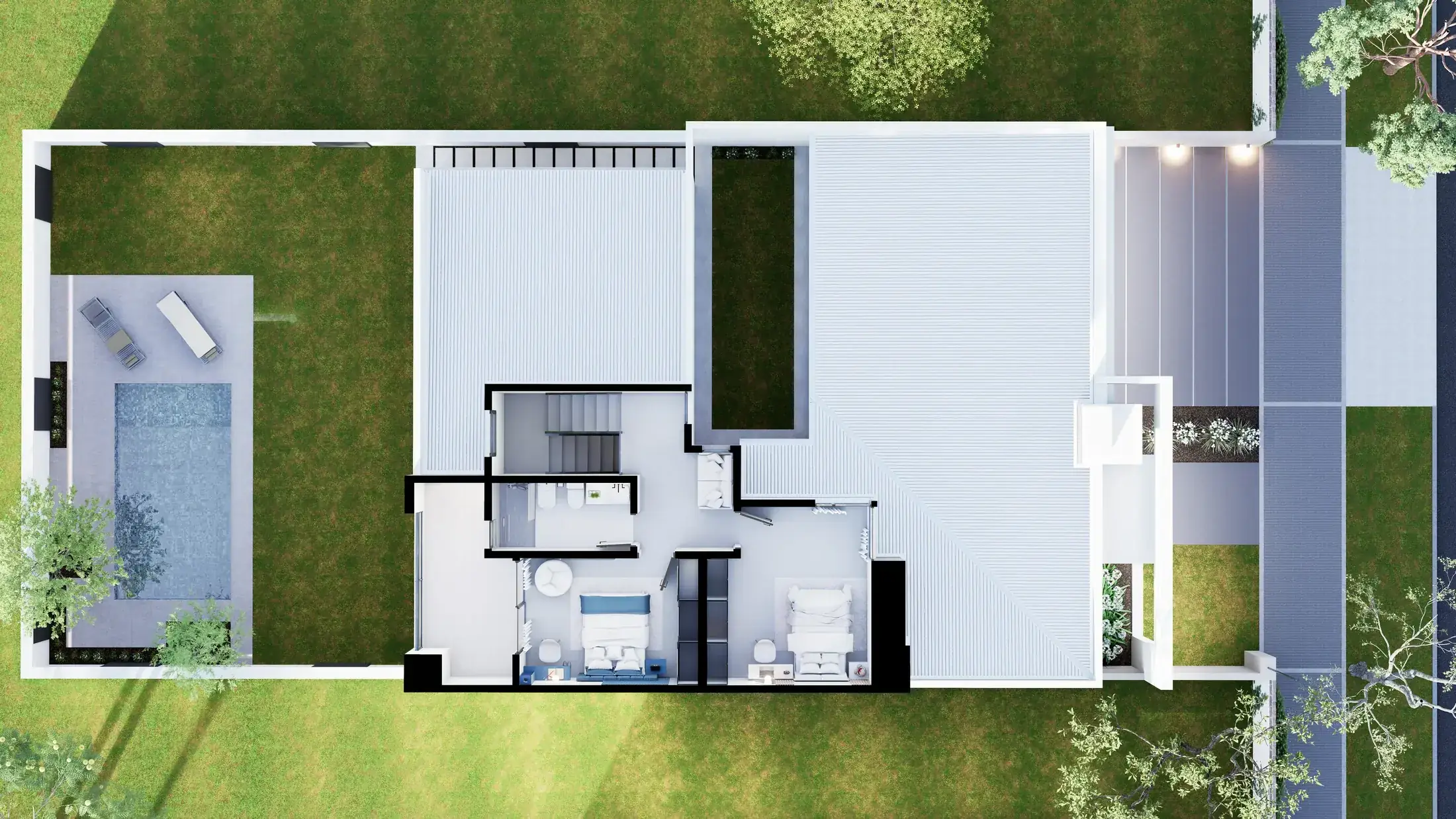 Plano de planta alta de casa PRAGA — dos dormitorios, baño completo y balcón