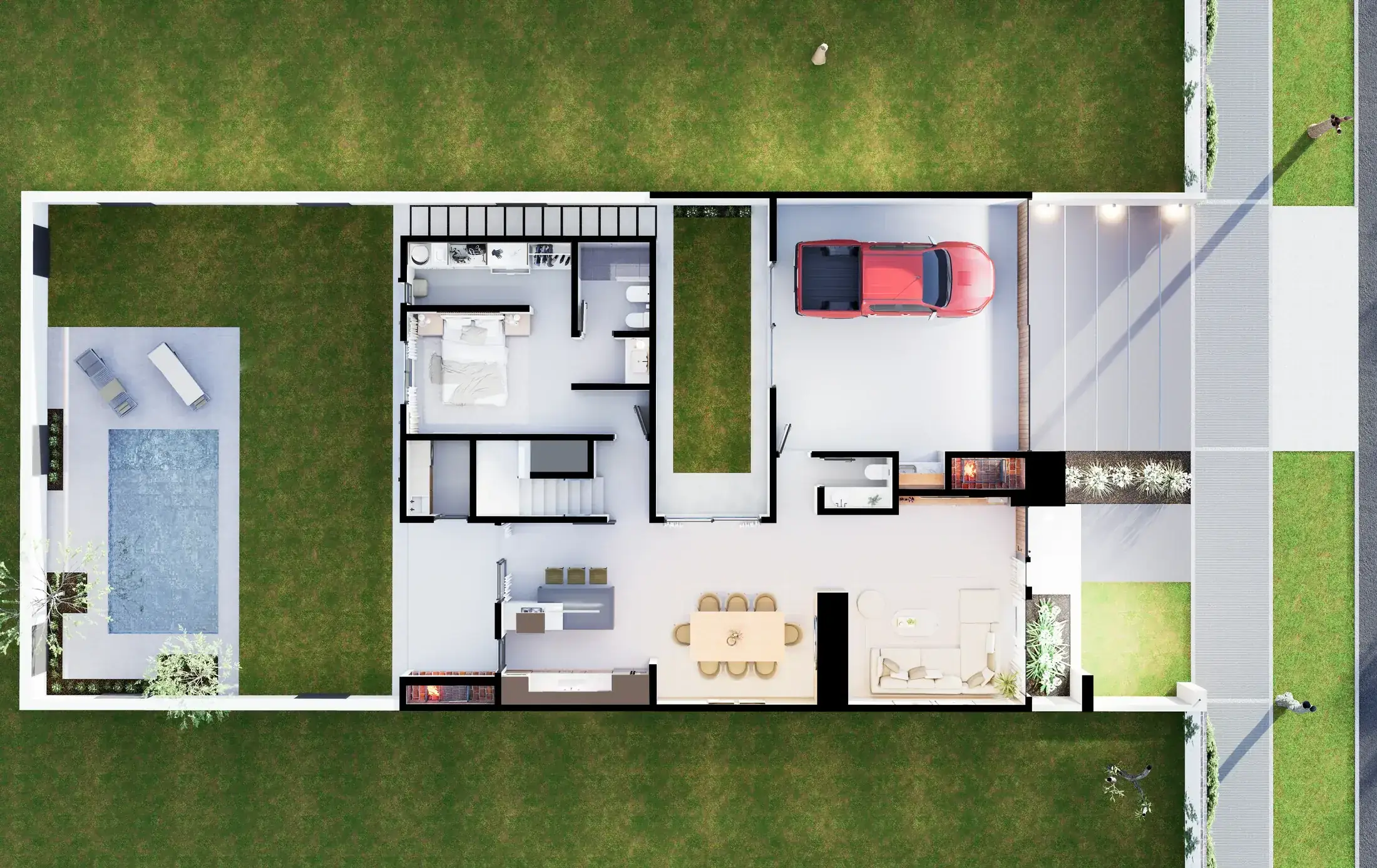 Plano de planta baja de casa PRAGA — dormitorio principal en suite, cocina, comedor, living y doble cochera con asador