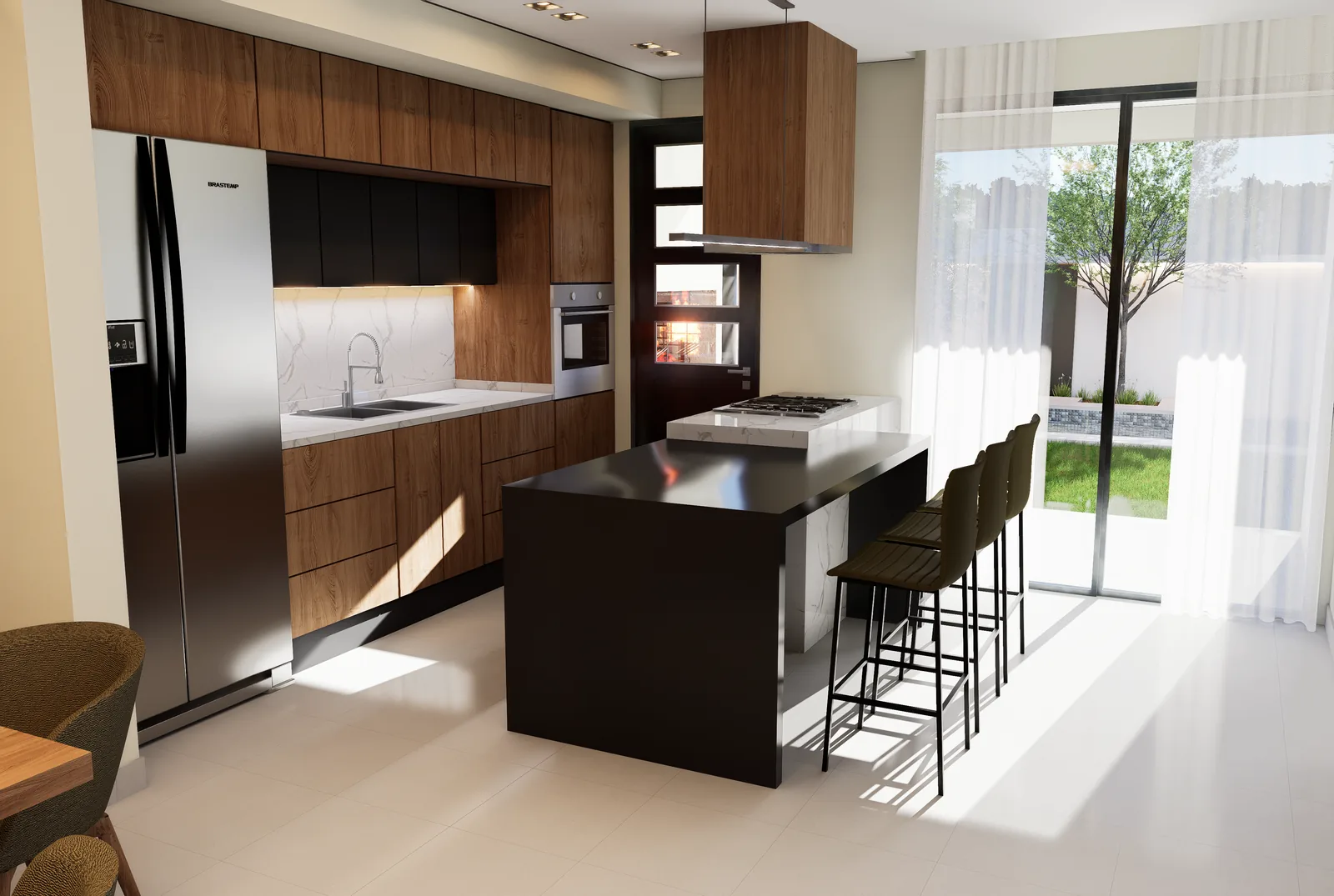 PRAGA — cocina con isla, barra desayunador y muebles a medida